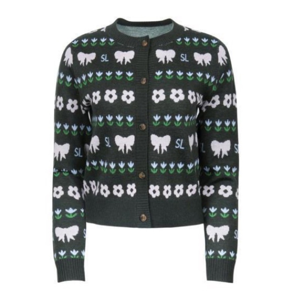 Sandy Liang Dark Green Sheep and Floral Cardigan